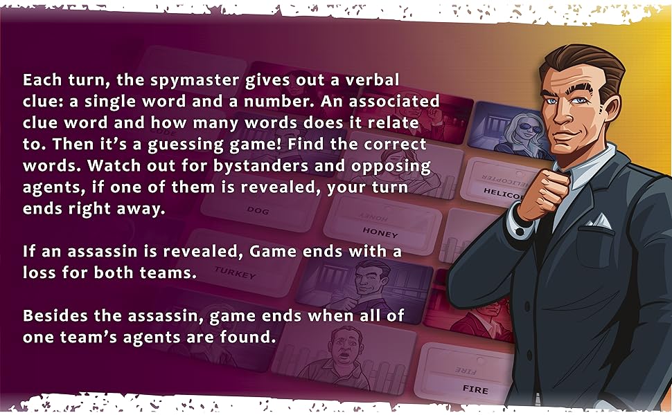 The Codenames board game box, featuring spy-themed imagery.