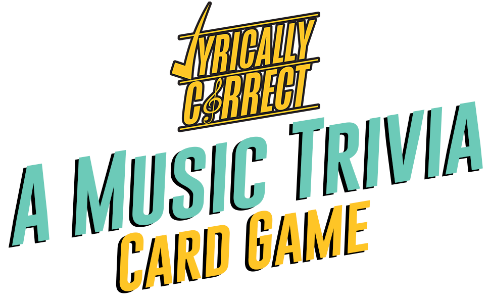 The Lyrically Correct music trivia card game box, featuring vibrant colors and music-themed graphics.