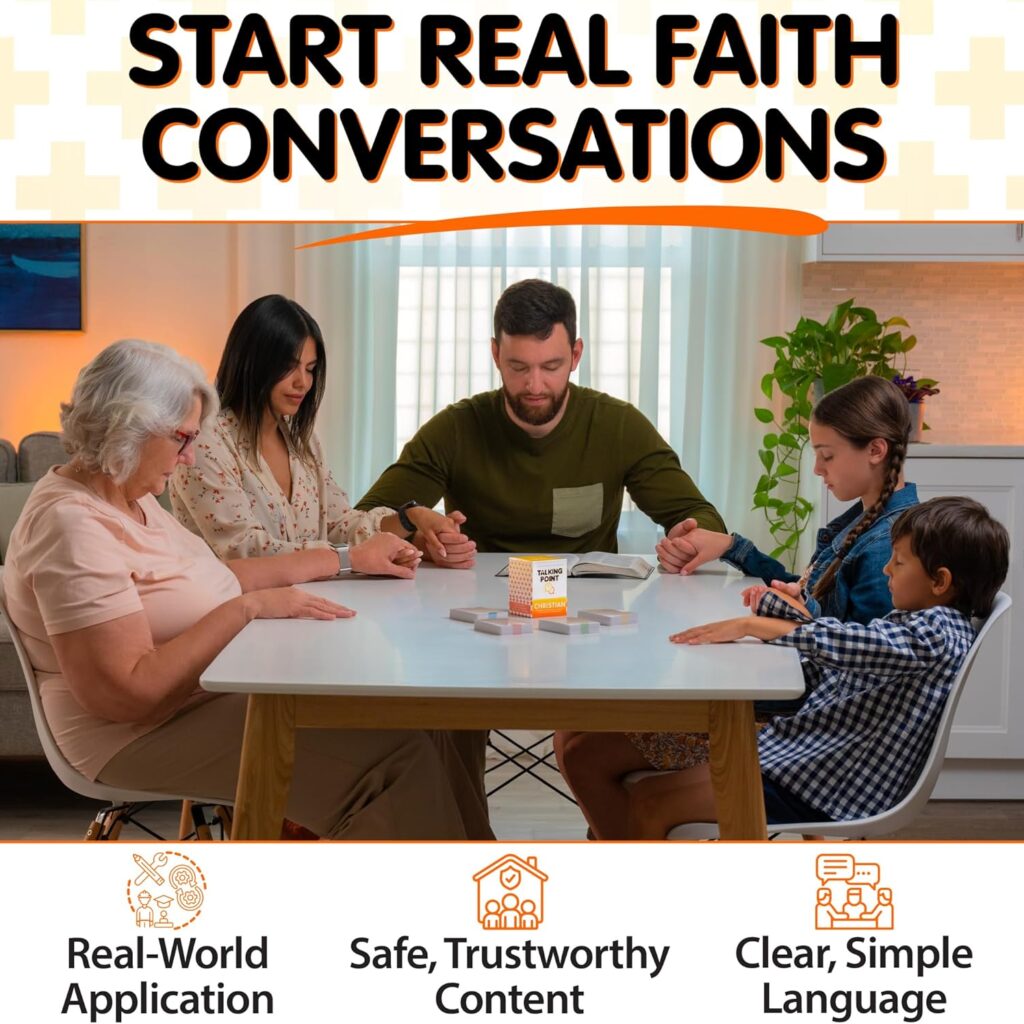 A family enjoying a game night using Talking Point Christian Conversation Cards.