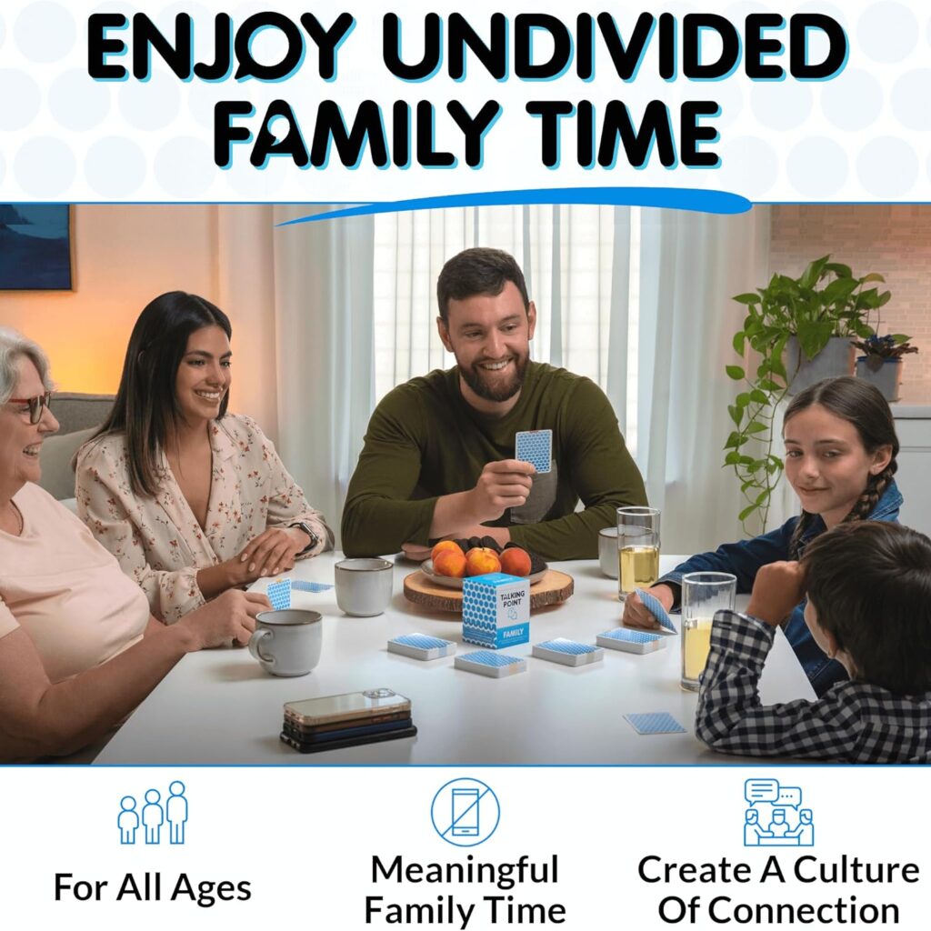 Happy family interacting and using Talking Point Family Conversation Cards.