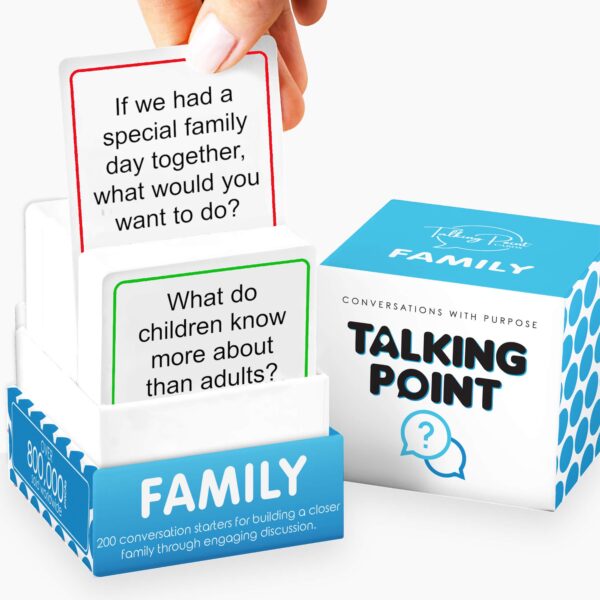 A set of conversation cards designed as family conversation starters, perfect for dinner table games, road trips, and screen-free activities to help connect with family.