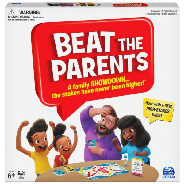 Kids and parents facing off in a game of Beat the Parents Classic Family Trivia Game.