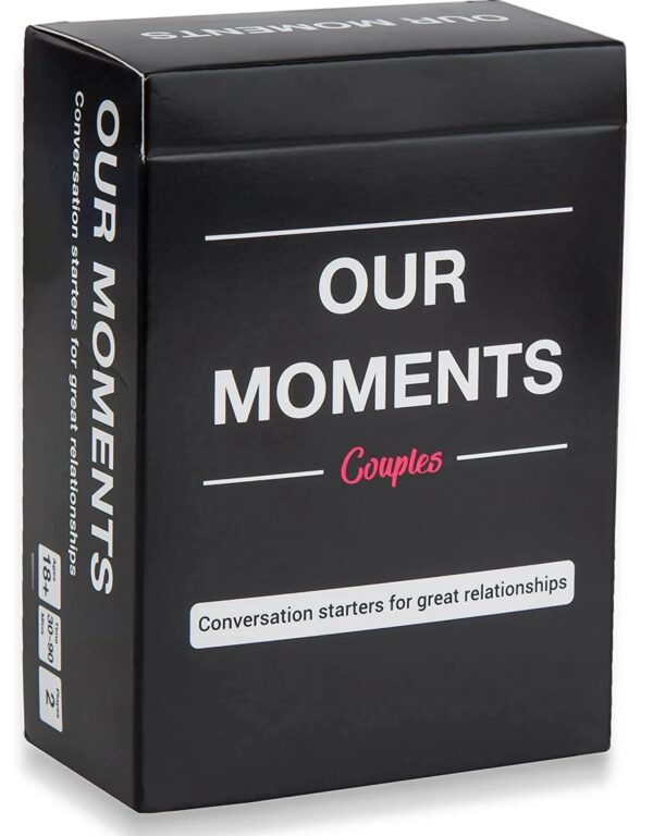 Close-up of the Our Moments Couples game cards, featuring examples of conversation starter prompts.