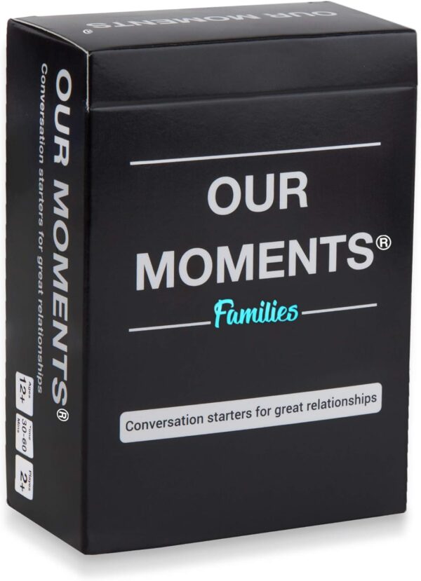 Close-up of the Our Moments Families game box and cards, with a focus on the conversation prompts.