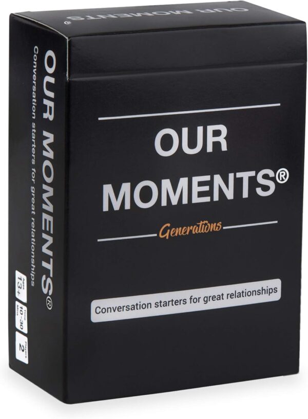 Close-up of the Our Moments Generations game box and cards, emphasizing the prompts related to sharing memories and stories.