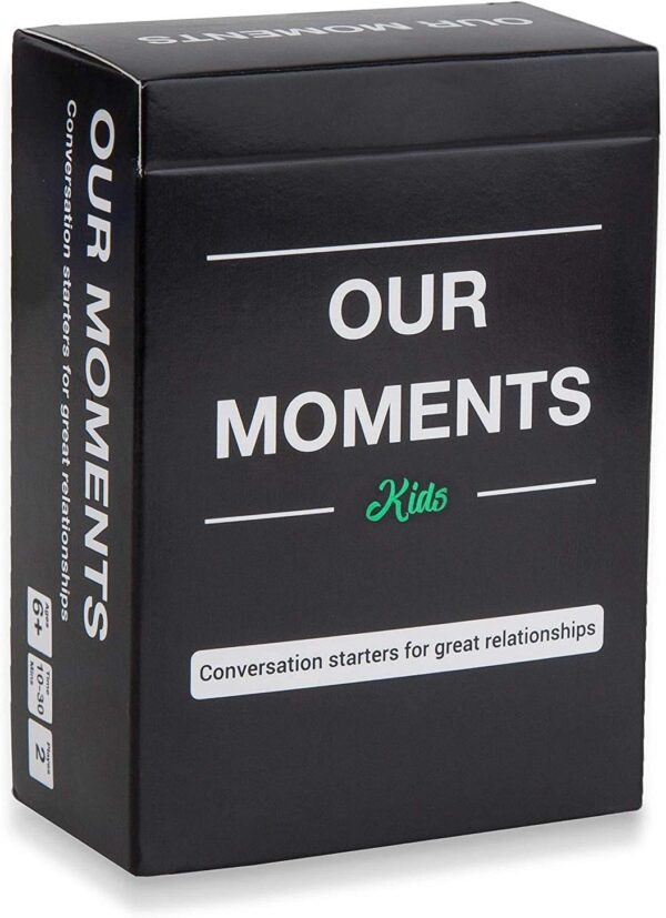 Well packaged Our Moments Kids, with cards featuring questions and conversation prompts.