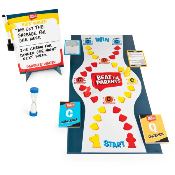 Close-up of the Beat the Parents Classic Family Trivia Game box or game board.