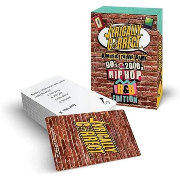 Lyrically Correct music trivia card game featuring 90s and 2000s hip hop and R&B, perfect for nostalgic music lovers, party games, and game nights.