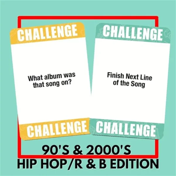 A collage of images representing 90s and 2000s music culture (boomboxes, cassette tapes, iconic artists, etc.) with the Lyrically Correct game box in the center.