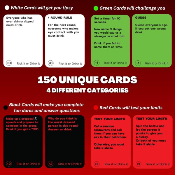 Close-up of the Risk It Or Drink It cards a red and black card game