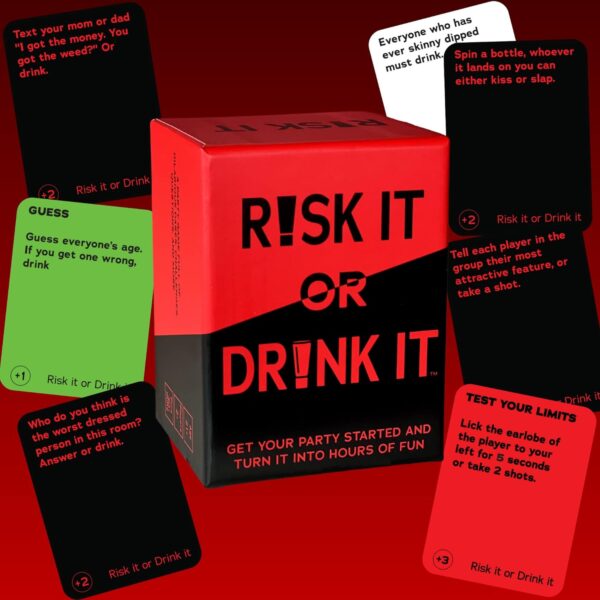 Close-up of the Risk It Or Drink It cards, showcasing examples of the funny dares and risky questions.