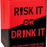 A close-up of the Risk It Or Drink It game box, highlighting its unique design and playful elements.