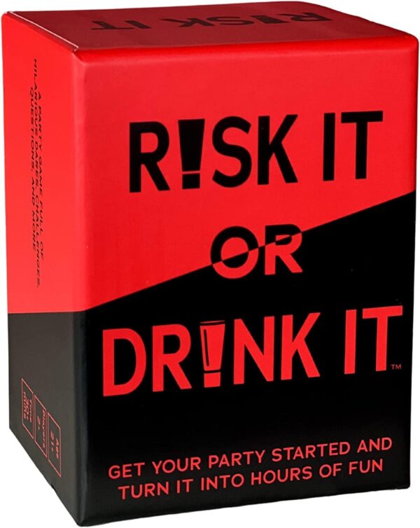 A close-up of the Risk It Or Drink It game box, highlighting its unique design and playful elements.