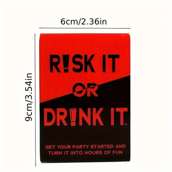 a red and black card with black text: Risk It Or Drink It prominently displayed with dimension sizes