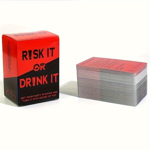 Close-up of the Risk It Or Drink It cards, highlighting a card that asks players to choose between a truth or a dare.