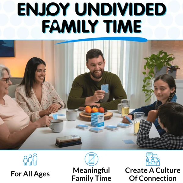 A family enjoying dinner together, using Talking Point conversation cards at the table.