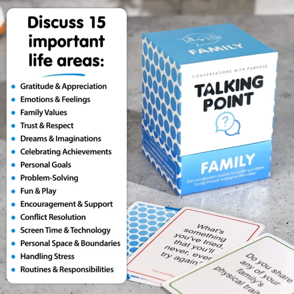 A set of conversation cards designed for family time, stress relief, relaxation, and unwinding, promoting quality, screen-free activities to connect with loved ones.