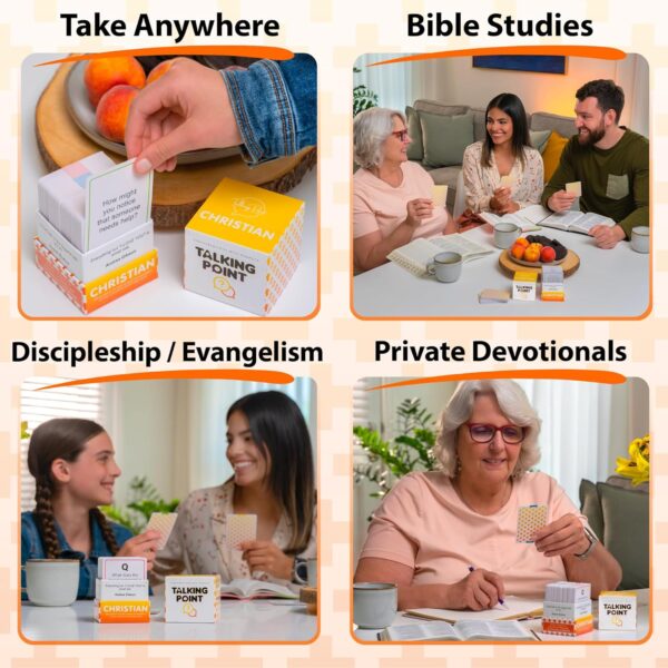 People using Talking Point Christian Conversation Cards during a small group meeting or Bible study.