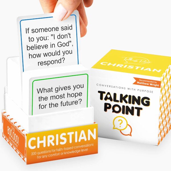 Talking Point Christian Conversation Cards are well displayed with Christian-themed questions.