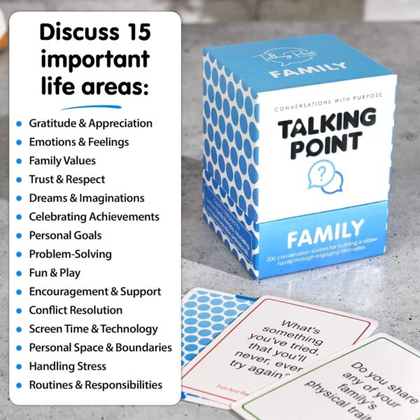 Close-up image of Talking Point Family Conversation Cards with thought-provoking questions visible.