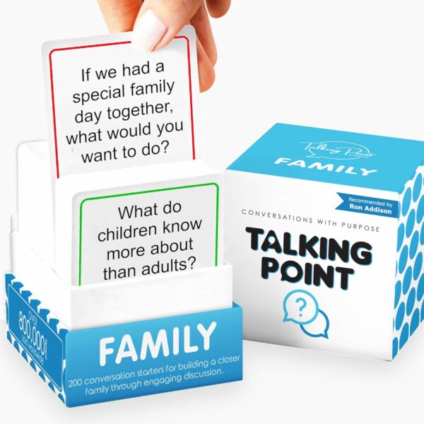 Close-up image of Talking Point Family Conversation Cards with thought-provoking questions visible, with a person holding one card.